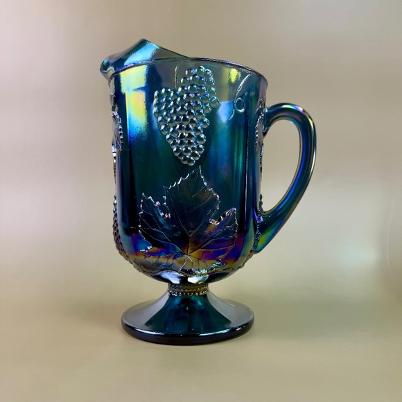 Vintage Indiana Glass Blue Carnival Grape Vine Pitcher | Iridescent Pedestal - Picture 5 of 16